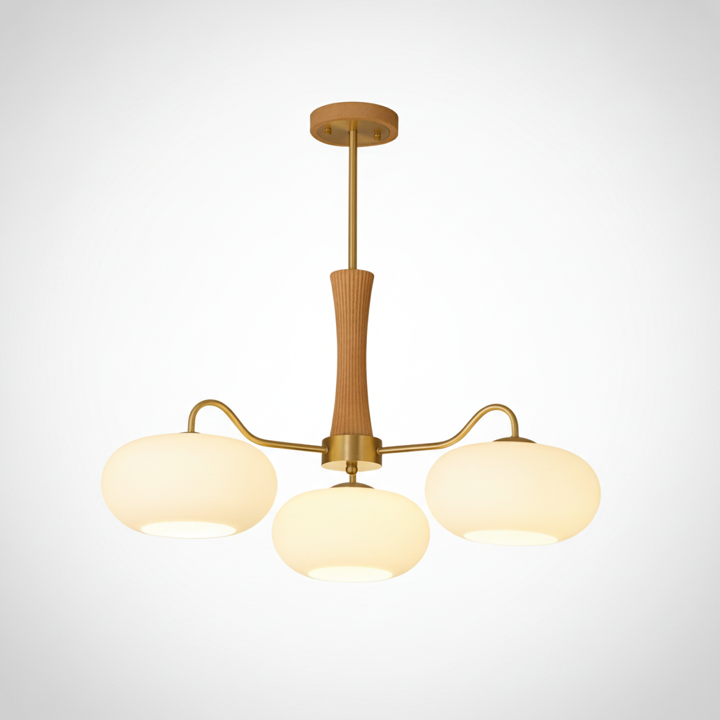 Chandelier Organic Brass Wooden Persimmon White Glass, E26 Base