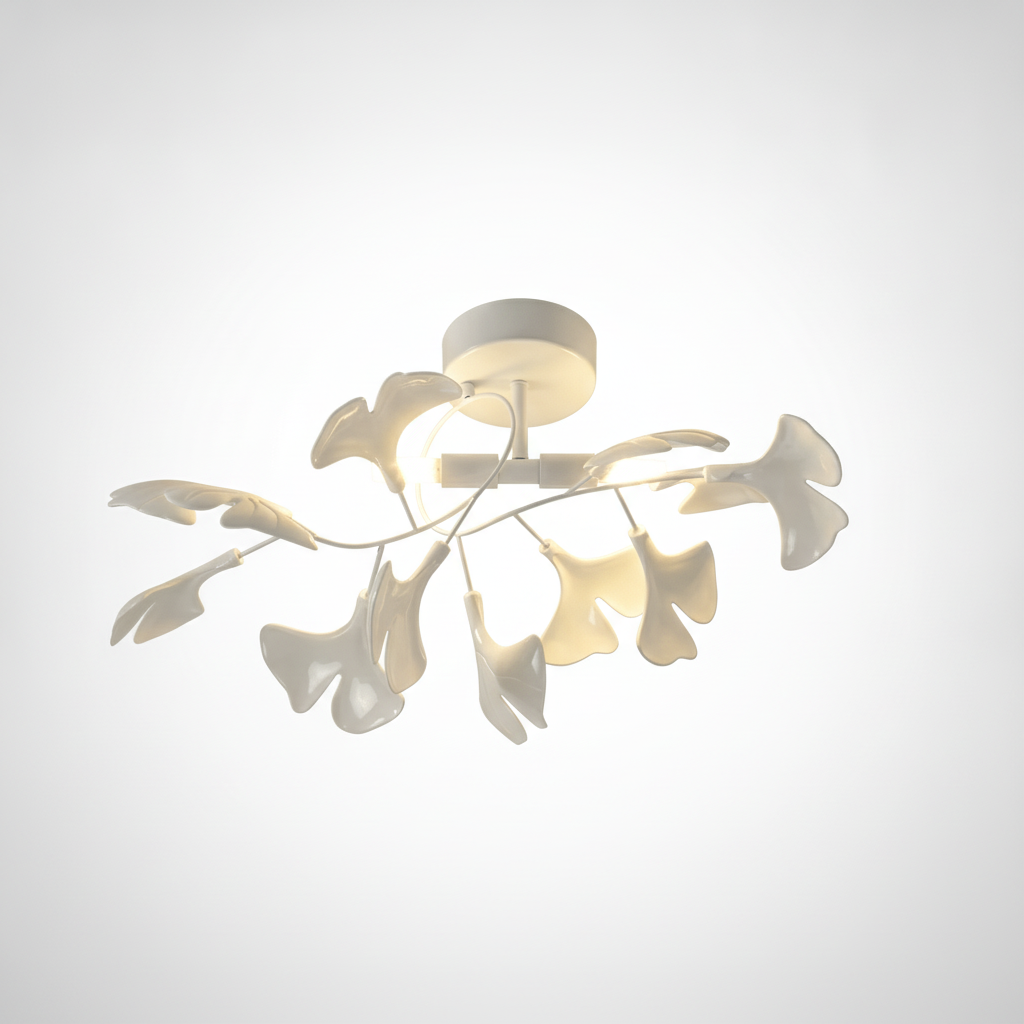 Flush Ceiling Light Organic Ginkgo Leaf Metal Ceramic, E12 Base
