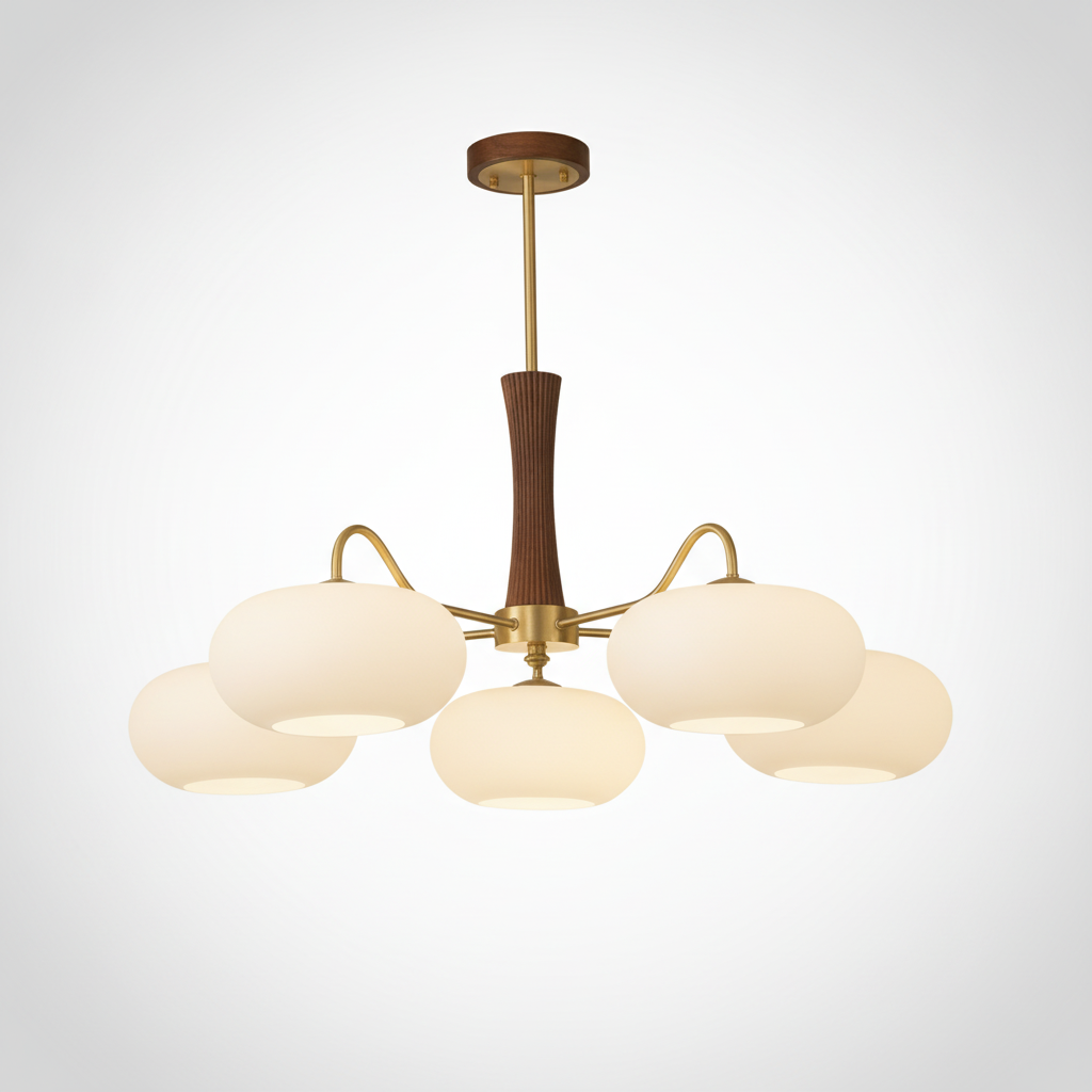 Chandelier Organic Brass Wooden Persimmon White Glass, E26 Base