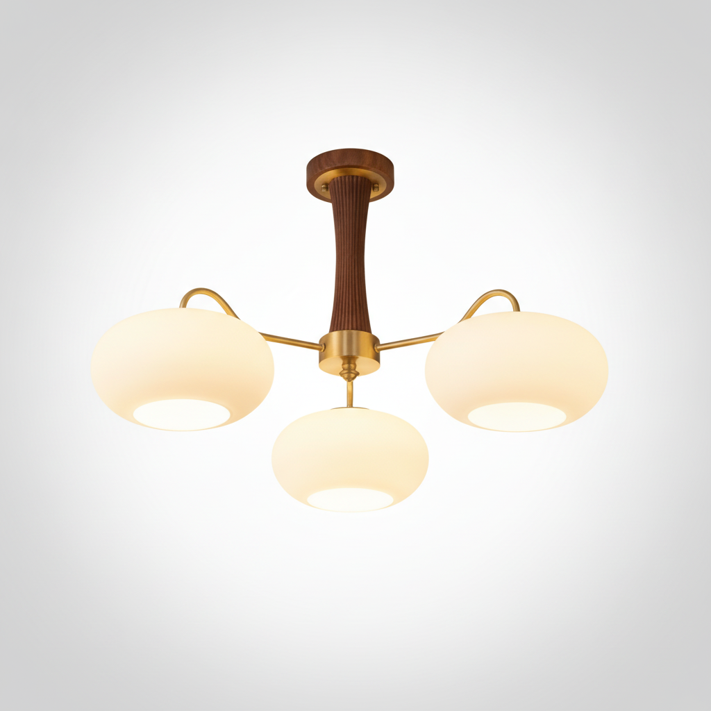Chandelier Organic Brass Wooden Persimmon White Glass, E26 Base