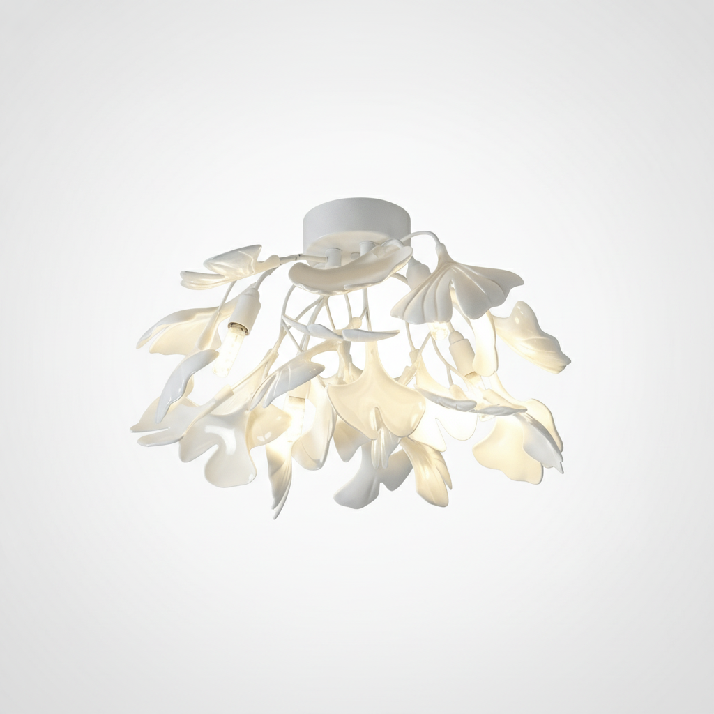 Flush Ceiling Light Organic Ginkgo Leaf Metal Ceramic, E12 Base