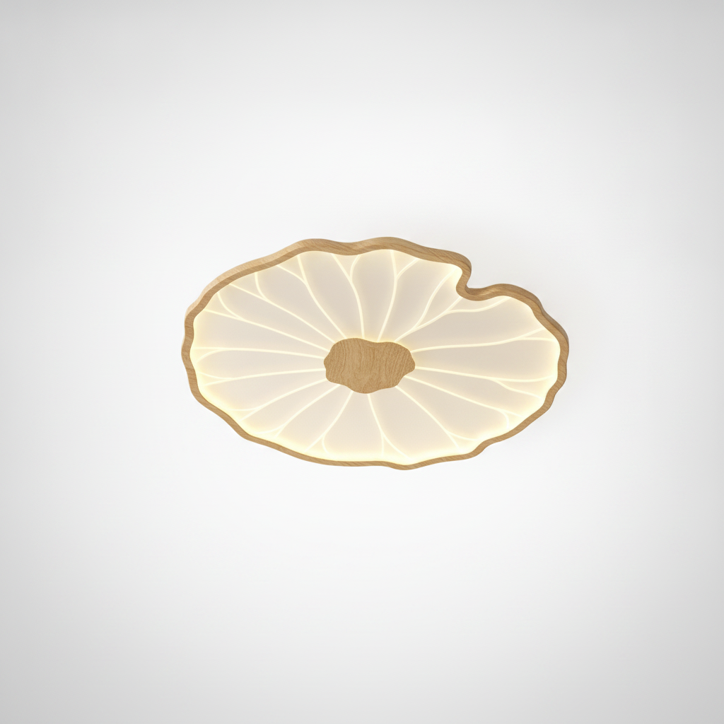 Flush Mount Ceiling Lamp Lotus Leaf Metal Acrylic, Wood Grain Finish