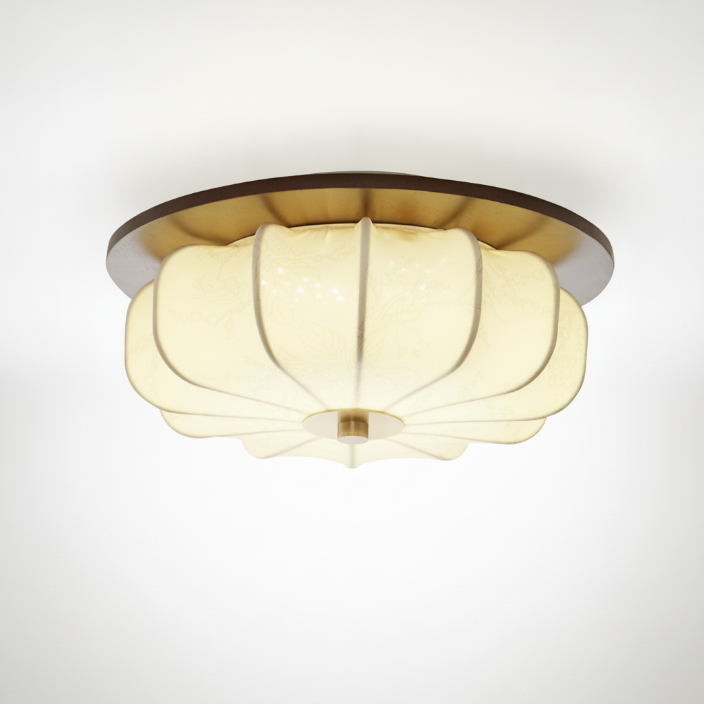 Flush Mount Ceiling Light Wood Etched Fabric Brass, Integrated LED