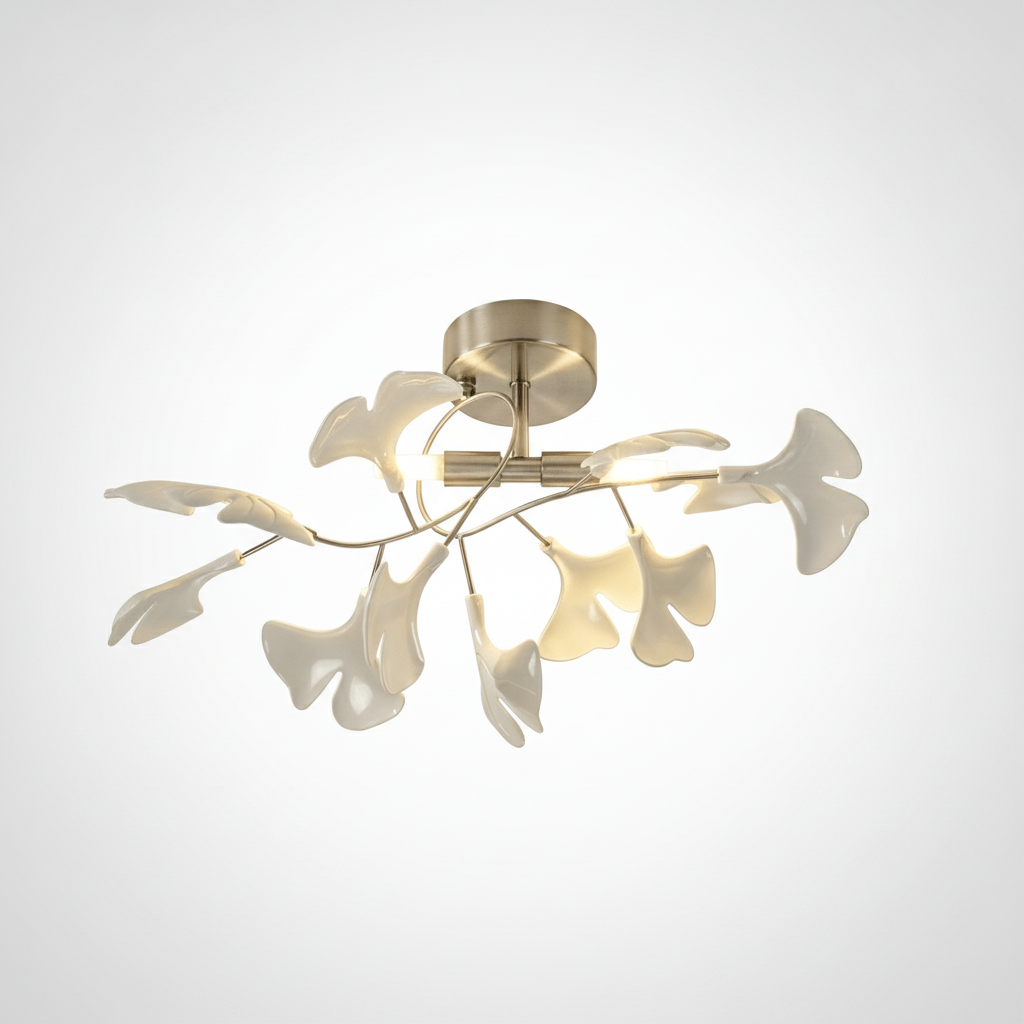 Flush Ceiling Light Organic Ginkgo Leaf Metal Ceramic, E12 Base