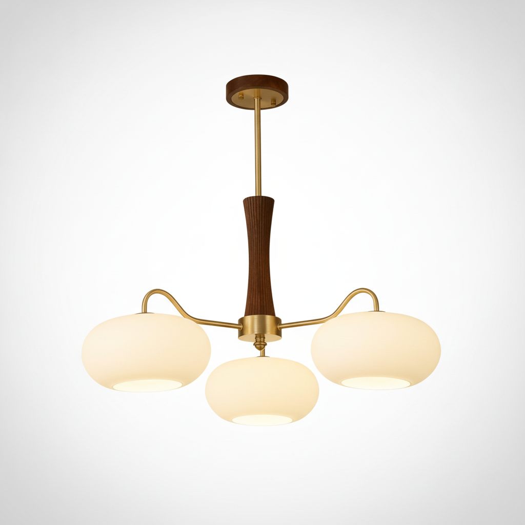 Chandelier Organic Brass Wooden Persimmon White Glass, E26 Base