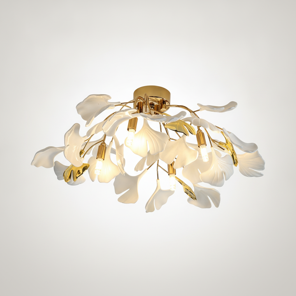 Flush Ceiling Light Organic Ginkgo Leaf Metal Ceramic, E12 Base
