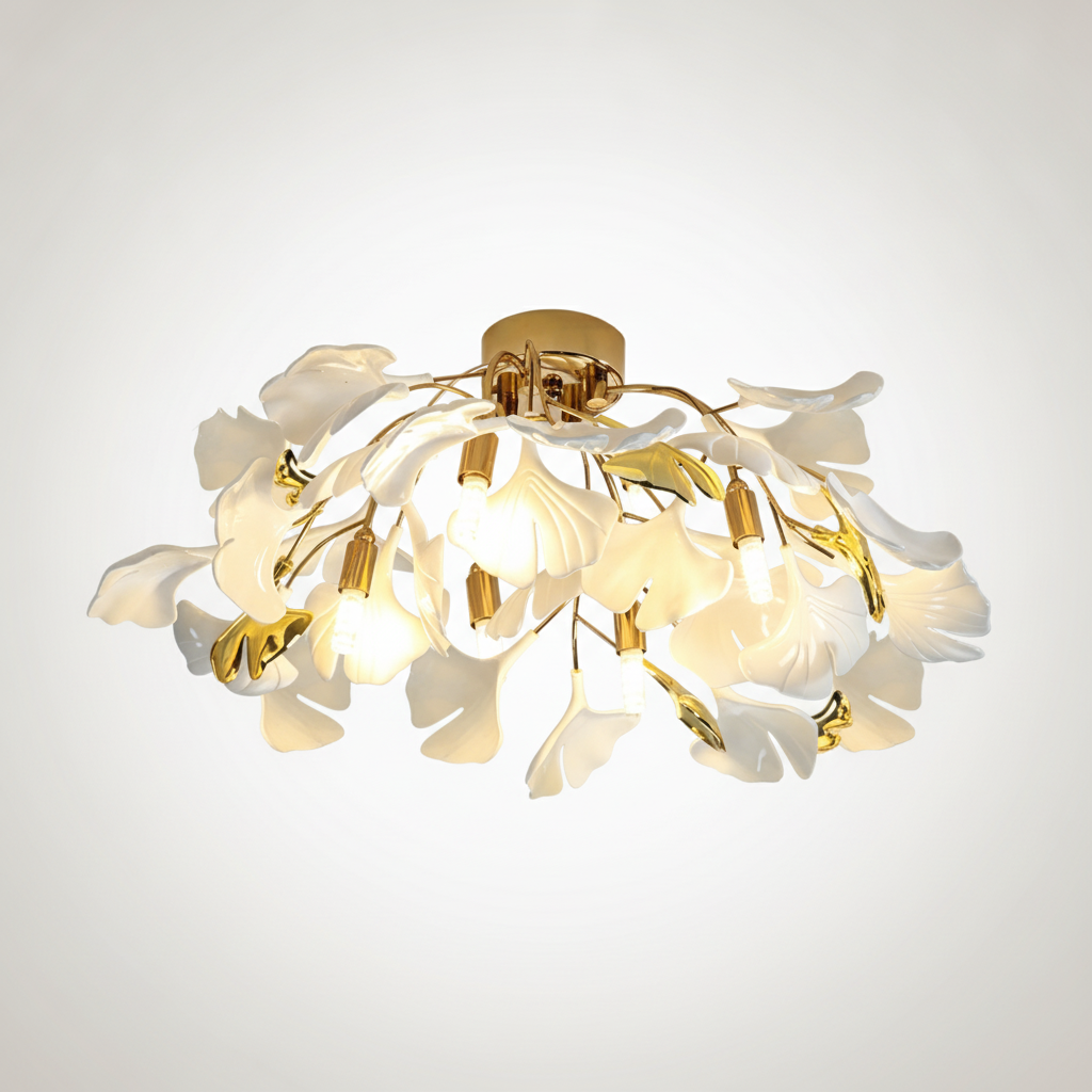 Flush Ceiling Light Organic Ginkgo Leaf Metal Ceramic, E12 Base