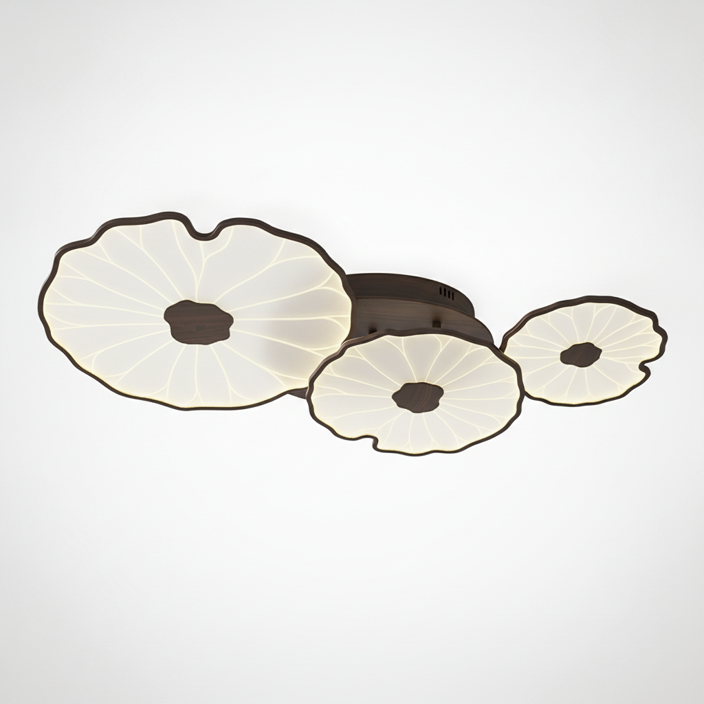 Flush Mount Ceiling Lamp Lotus Leaf Metal Acrylic, Wood Grain Finish