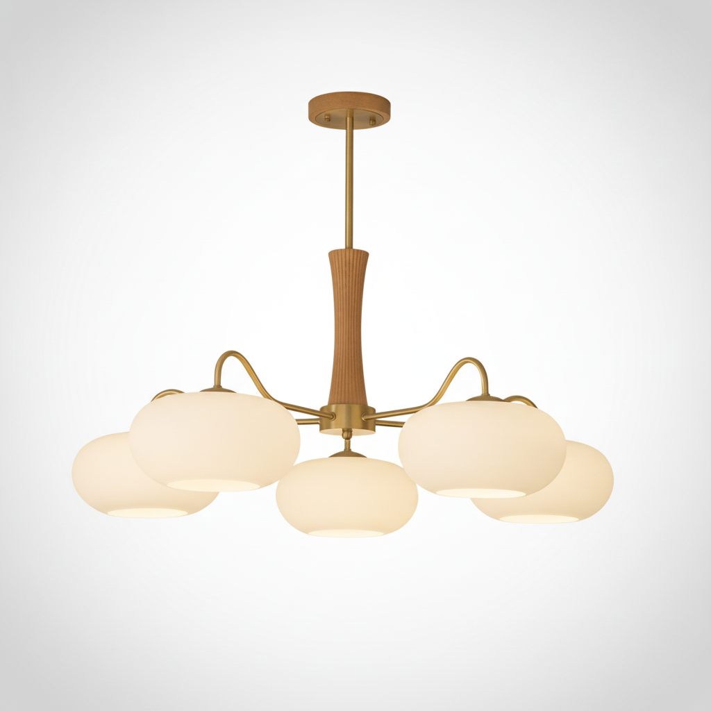 Chandelier Organic Brass Wooden Persimmon White Glass, E26 Base