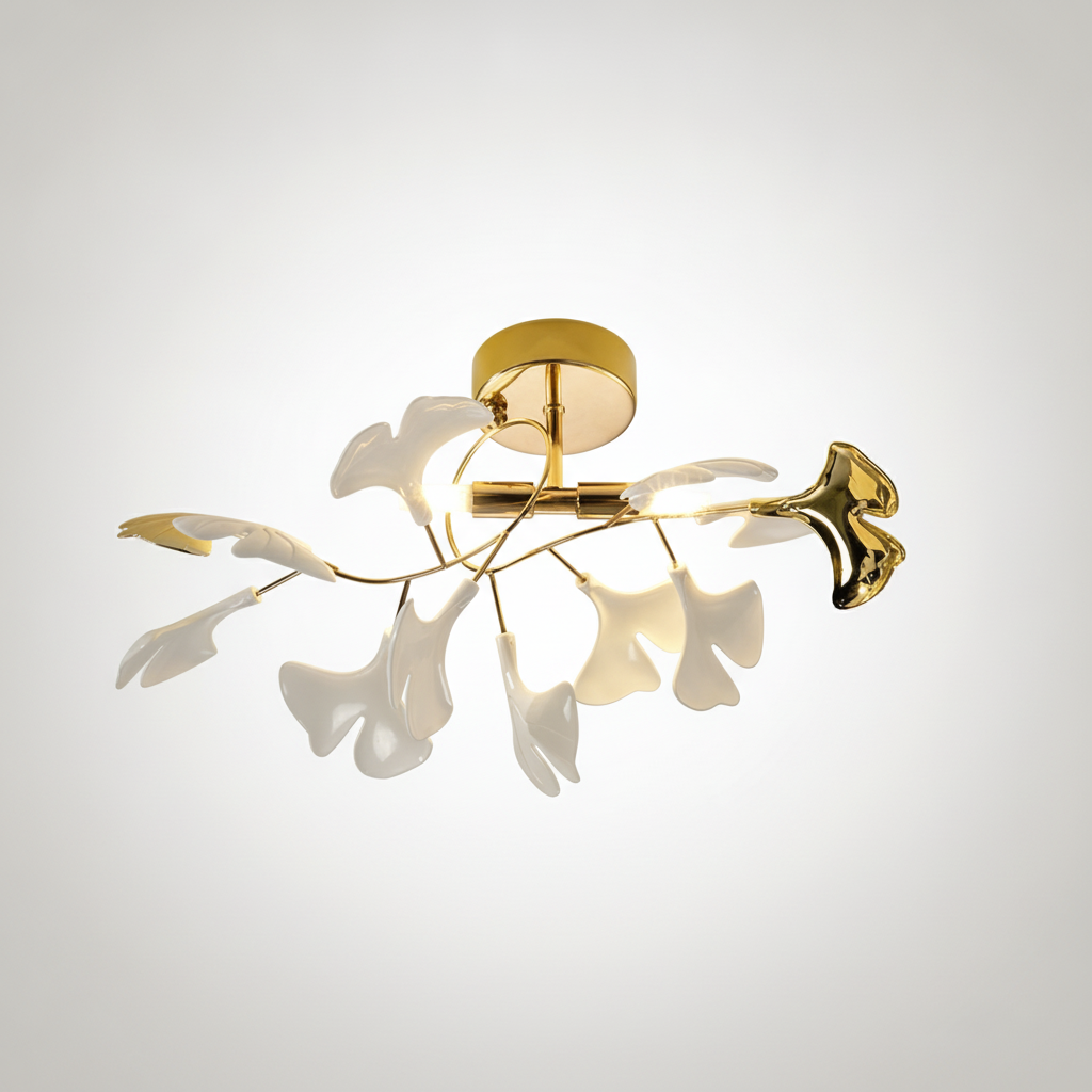 Flush Ceiling Light Organic Ginkgo Leaf Metal Ceramic, E12 Base