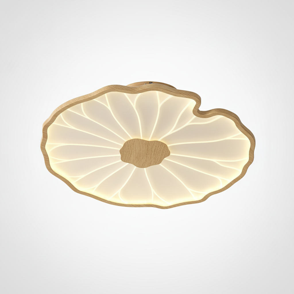 Flush Mount Ceiling Lamp Lotus Leaf Metal Acrylic, Wood Grain Finish