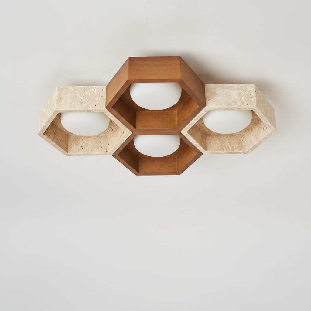 Flush Mount Ceiling Light Yellow Travertine Stone with Frame