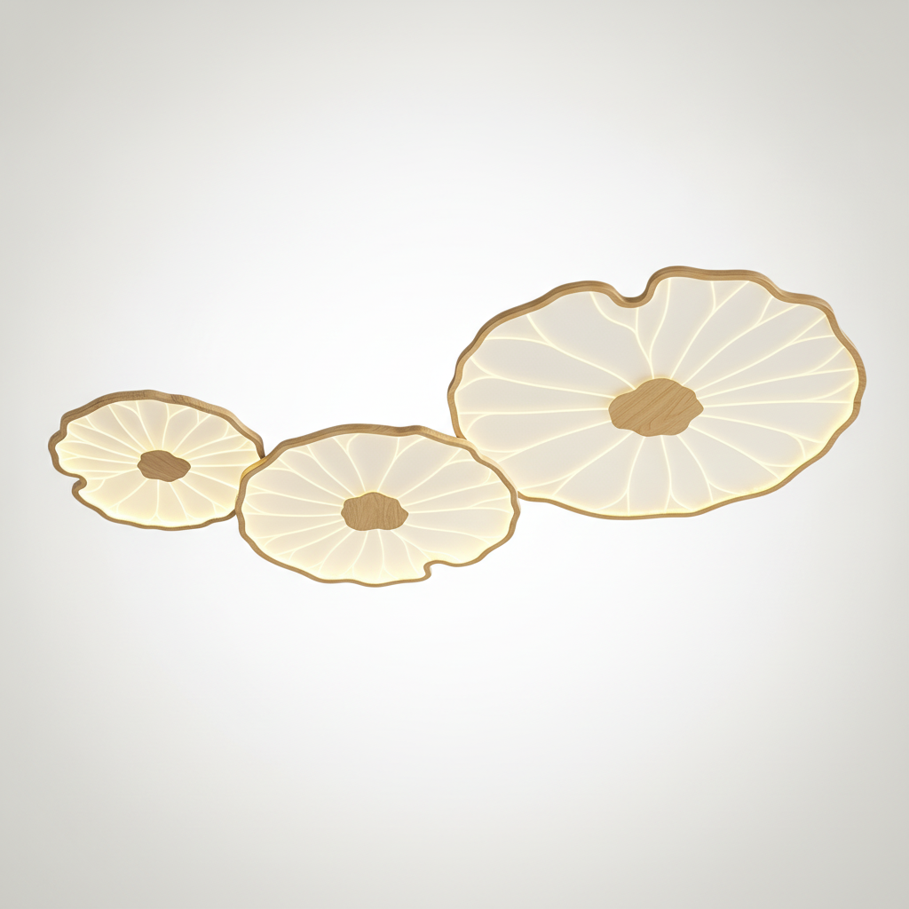 Flush Mount Ceiling Lamp Lotus Leaf Metal Acrylic, Wood Grain Finish