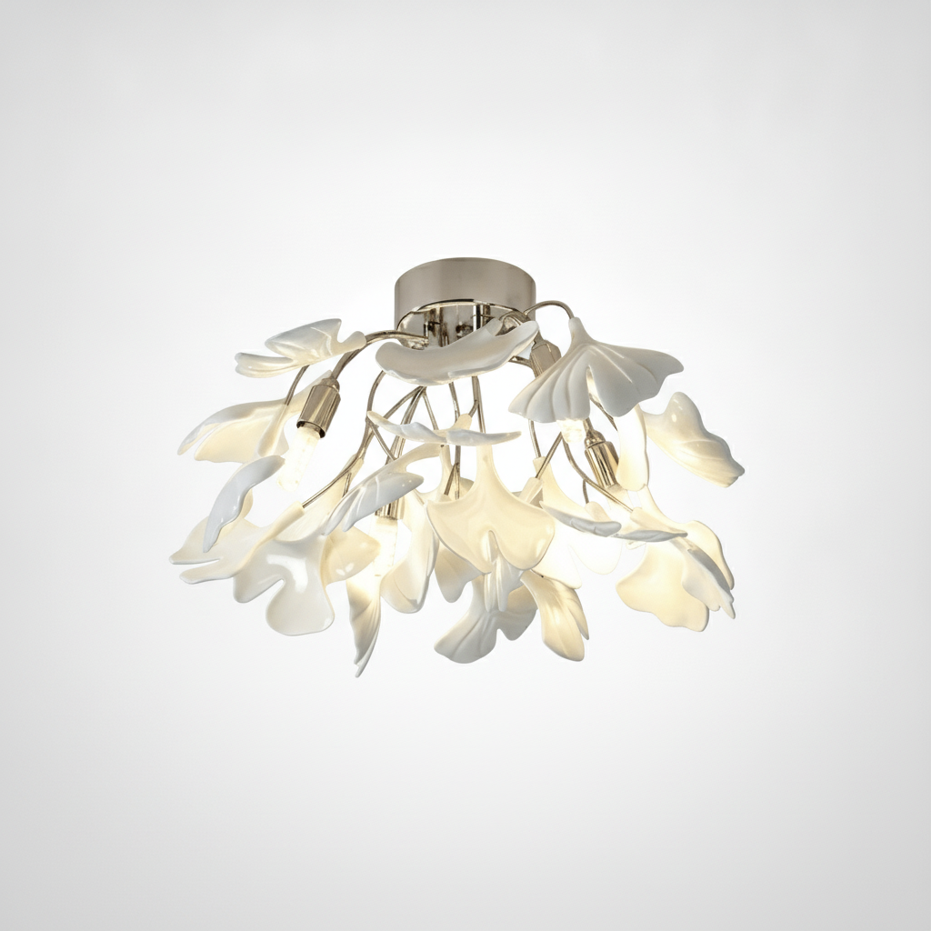 Flush Ceiling Light Organic Ginkgo Leaf Metal Ceramic, E12 Base