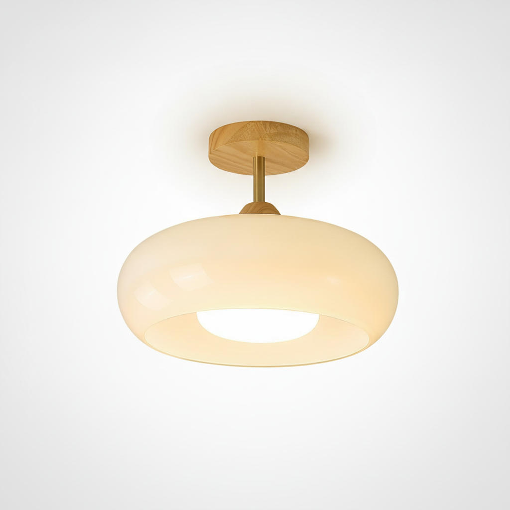 Flush Mount Ceiling Light Wood Frame Glass Disc, E26 Base