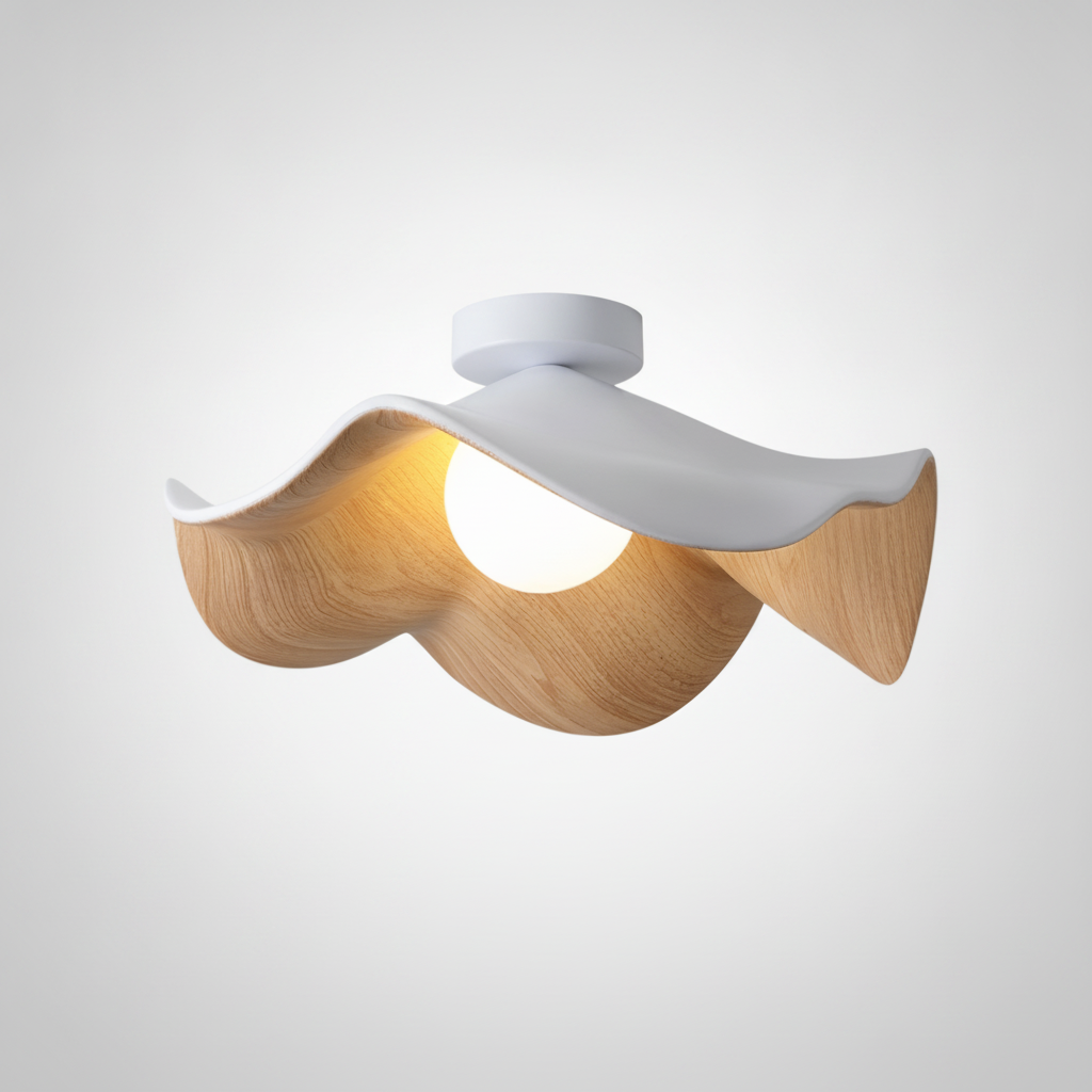Flush Mount Ceiling Light Lotus Leaf Metal Resin Wood Grain Finish