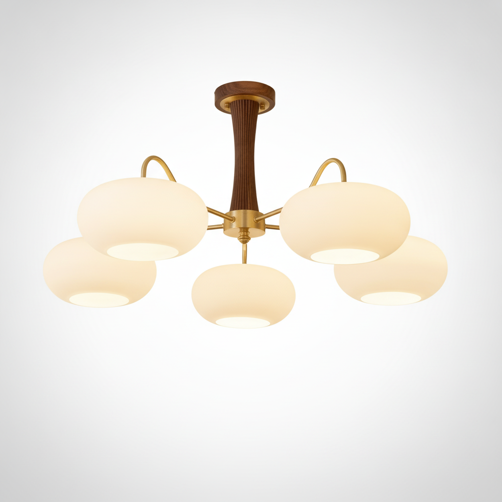 Chandelier Organic Brass Wooden Persimmon White Glass, E26 Base