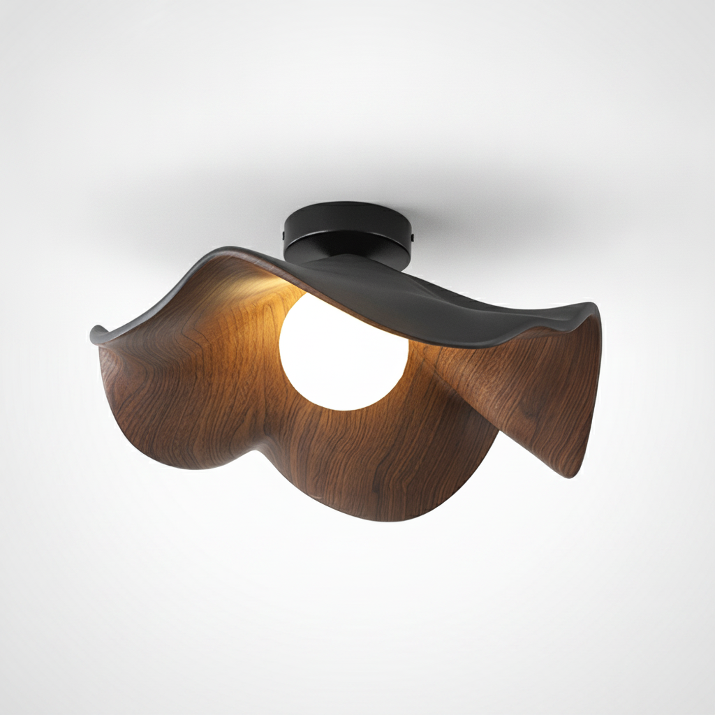 Flush Mount Ceiling Light Lotus Leaf Metal Resin Wood Grain Finish